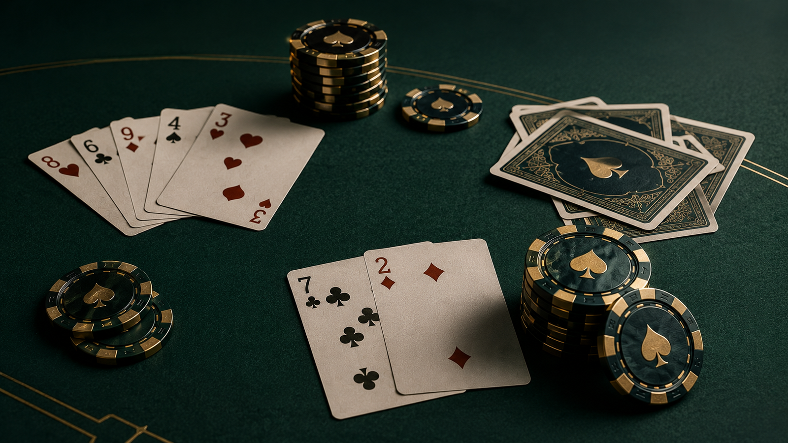 Cartas de poker y fichas sobre mesa verde